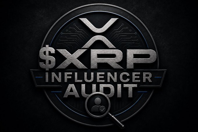 A dark metallic logo design featuring the XRP cryptocurrency symbol with text reading '$XRP INFLUENCER AUDIT' and a magnifying glass icon with a person silhouette.