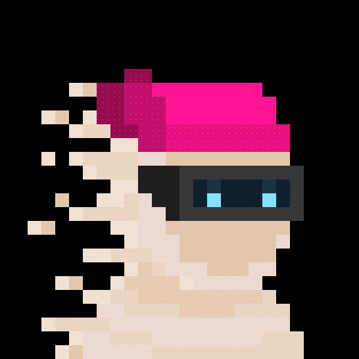 A pixel art illustration of a figure wearing a pink hat and dark goggles, appearing to dissolve or pixelate on the left side against a black background.