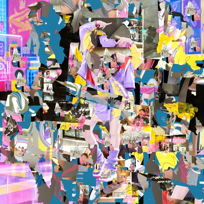 A vibrant, chaotic collage artwork featuring fragmented anime-style figures, sneakers, and colorful patterns.