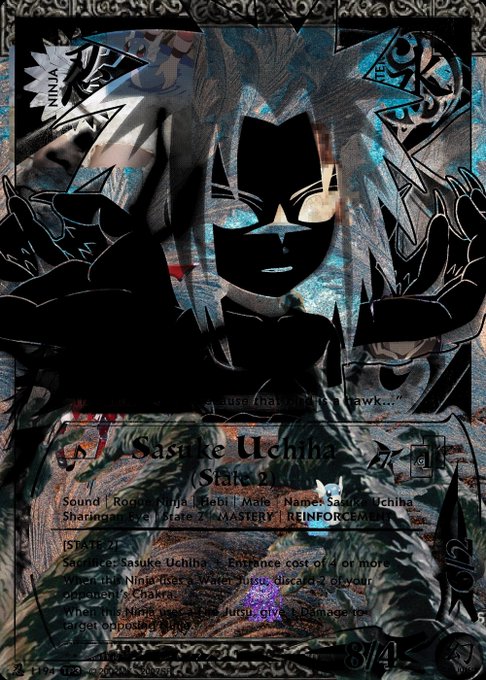 A digital trading card or NFT features a character labeled 'NINJA' with the title 'Sasuke Uchiha' and text describing an attack called 'Chidori' that requires discarding cards.