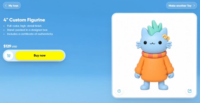 An e-commerce product page titled '4" Custom Figurine' lists features including 'Full-color, high-detail finish' and 'Includes a certificate of authenticity' for $129 USD with a yellow 'Buy now' button, showing a 3D-rendered blue cat-like character wearing an orange sweater.