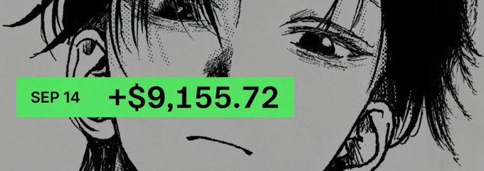 A manga-style illustration of a man's intense, piercing eyes serves as the backdrop for a green trading banner displaying "SEP 14 +$9,155.72," visually reinforcing the post's message about a modest but hard-earned gain during a slow Robinhood trading day.