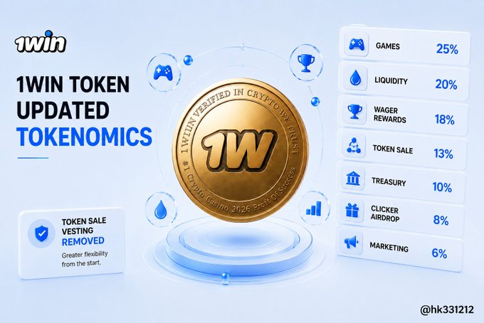 The image is a promotional graphic for 1WIN Token's updated tokenomics, featuring a gold "1WIN" crypto coin and a breakdown of allocations: 25% Games, 20% Liquidity, 18% Wager Rewards, 13% Token Sale, 10% Treasury, 8% Clicker Airdrop, and 6% Marketing, with a callout highlighting the removal of Token Sale vesting.