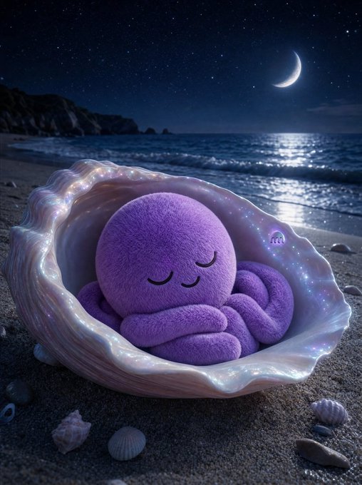 A purple plush character sleeps curled up inside a glowing, iridescent seashell resting on a sandy beach at night under a crescent moon.