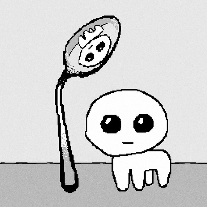A black-and-white cartoon drawing depicting a small, round character looking into a mirror that reflects a distressed face, suggesting a sad self-image.