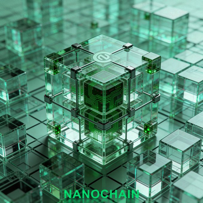 A digital 3D rendering of a glowing green circuit-board cube surrounded by glass-like blocks, labeled 'NANOCHAIN' at the bottom.