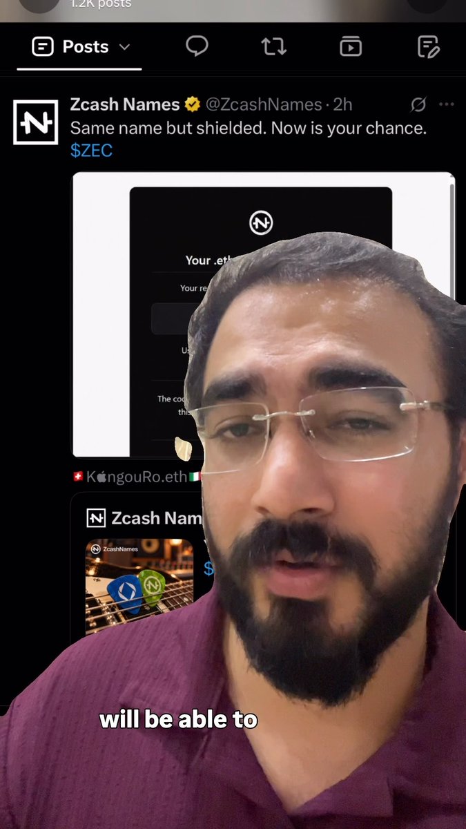 A man with glasses and a beard speaks in front of a tweet from Zcash Names (@ZcashNames) that reads 'Same name but shielded. Now is your chance. $ZEC', promoting a Zcash Ethereum naming service, with the caption 'will be able to'.