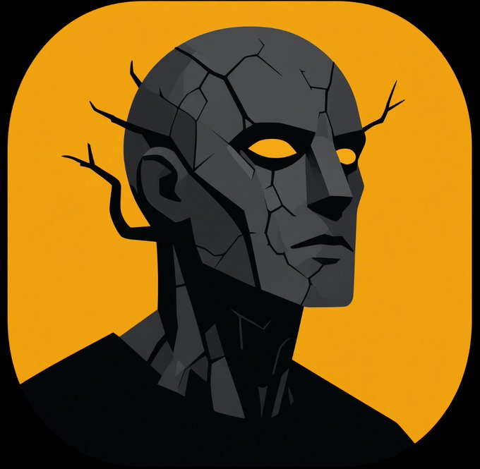 A stylized illustration of a cracked, stone-like humanoid figure with glowing yellow eyes and branch-like protrusions on its head, set against a bright yellow background.