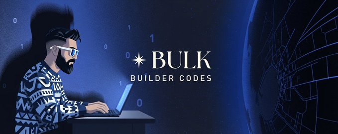 Illustration of a bearded man in glasses and patterned sweater typing on a laptop, with the text "BULK BUILDER CODES" and binary numbers in a dark blue tech-themed background.