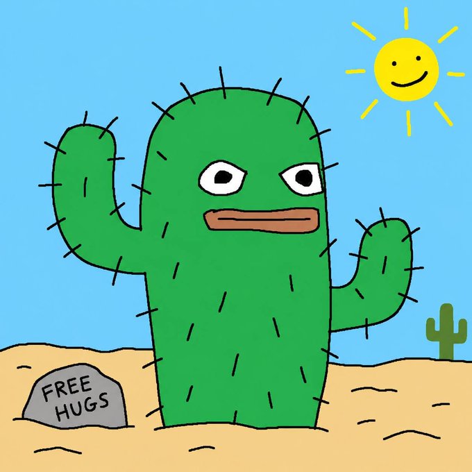 A cartoon drawing of a grumpy-looking green cactus with a frowning mouth in a desert, with a smiling sun and a rock labeled 'FREE HUGS' beside it.