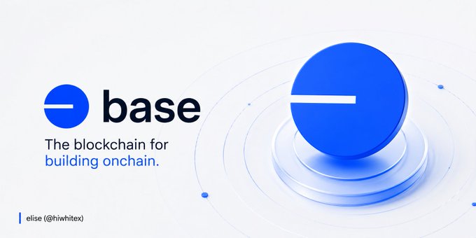 A Base blockchain promotional image featuring the Base logo with the tagline 'The blockchain for building onchain' and a 3D blue circle logo on a white background.