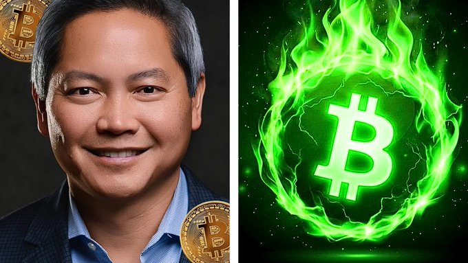 A side-by-side graphic shows a smiling man in a suit on the left with Bitcoin coins, and a flaming green Bitcoin logo on the right.