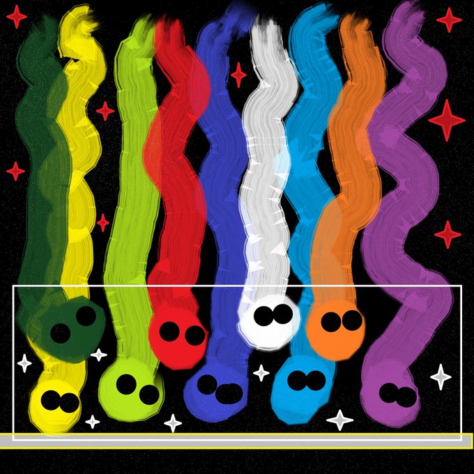 A vibrant artwork featuring wavy vertical streaks of various colors (green, yellow, red, blue, white, cyan, orange, purple) with googly-eyed round creatures at the bottom, set against a black background with star sparkles.