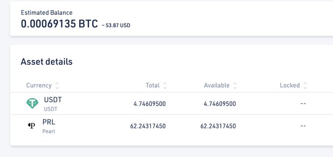 A cryptocurrency wallet screenshot displays an estimated balance of 0.00069135 BTC (~53.87 USD) with asset details showing holdings of 4.74609500 USDT and 62.24317450 PRL (Pearl) tokens, both fully available with nothing locked, supporting the post's claim that viewers can verify if their wallet contains the Pearl ($PRL) coin.