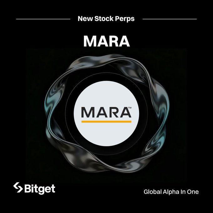 A Bitget promotional graphic announces 'New Stock Perps' featuring MARA, with the tagline 'Global Alpha In One' against a black background.