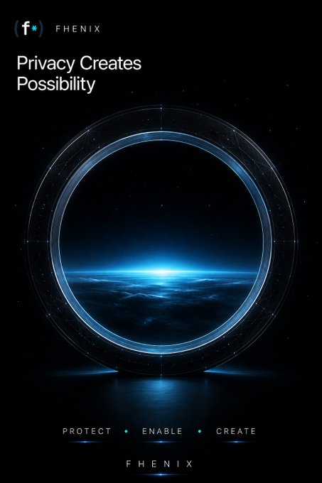 A space-themed promotional graphic for 'FHENIX' with the tagline 'Privacy Creates Possibility', featuring a glowing circular portal above clouds and the words 'PROTECT • ENABLE • CREATE'.