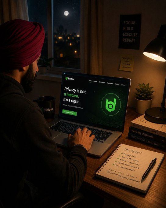 A man in a turban works on a laptop displaying the Beldex website with the text 'Privacy is not a feature, it's a right,' alongside a notebook with notes about Beldex and a motivational poster reading 'FOCUS BUILD EXECUTE REPEAT'.