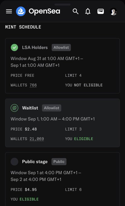 The image shows OpenSea's updated mint schedule interface displaying three phases—LSA Holders (Allowlist, free, limit 4, 766 wallets, not eligible), Waitlist (Allowlist, $2.48, limit 3, 21,069 wallets, eligible), and Public stage ($4.95, limit 6, eligible)—with wallet eligibility counts now visible directly on the schedule. This visual aligns with the post praising OpenSea's new UI update for making the number of eligible wallets per phase immediately accessible without needing to tap through additional icons.