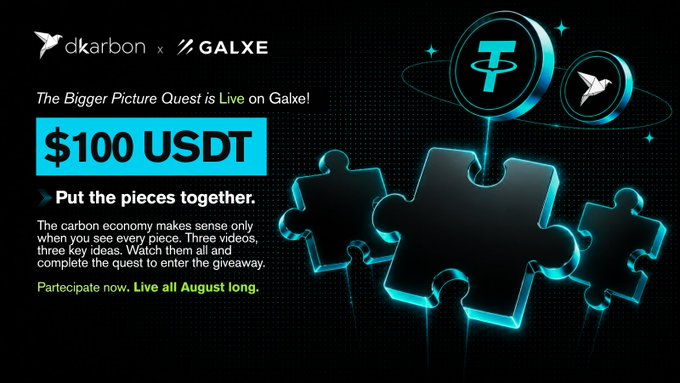A promotional banner announces "The Bigger Picture Quest is Live on Galxe!" by dkarbon × GALXE, offering a $100 USDT prize for participants who watch three videos and learn three key ideas about the carbon economy throughout August. The dark, puzzle-piece-themed graphic reinforces the "put the pieces together" message from the accompanying post, visually representing how each video and post adds another piece to understanding the carbon economy.