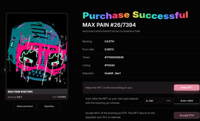 A 'Purchase Successful' screen for MAX PAIN #26/7394 NFT showing 0.6 ETH backing, token #71000100026, listing #11343, with options to Keep, Auto-relist, or Accept ETH for 85% return.