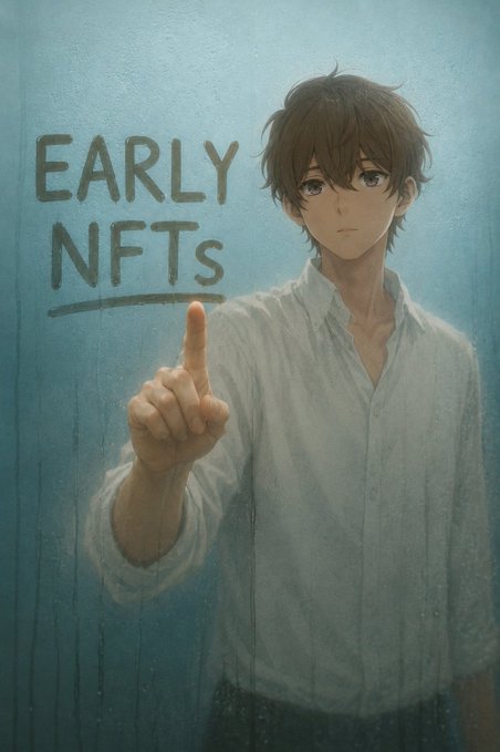 An anime-style illustration of a young man with brown hair in a white shirt giving a thumbs-up, with the text 'EARLY NFTs' written on a blue background.