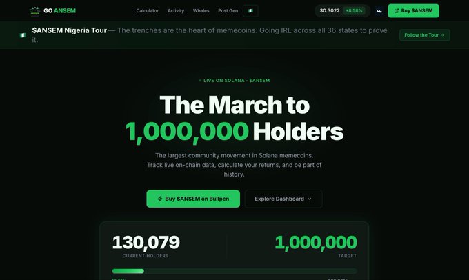 The image shows the $ANSEM website banner reading "The March to 1,000,000 Holders" with a counter displaying 130,079 current holders on the Solana network, visually supporting the post's celebration of crossing 130K holders and its giveaway to push toward the 1M target.
