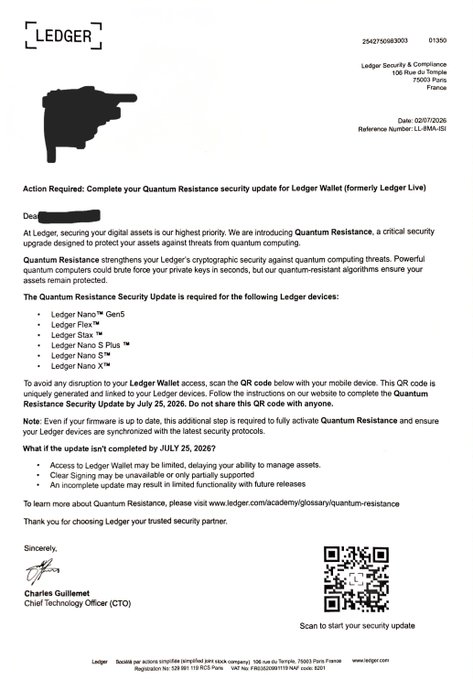 An official Ledger letter dated 02/07/2026 regarding a mandatory 'Quantum Resistance Security Update' for Ledger devices, signed by Chief Technology Officer Charles Guillemet, with a QR code for the security update and a deadline of July 25, 2026.