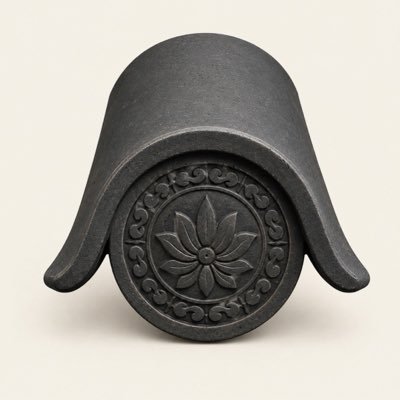 A detailed 3D render of a dark gray metallic object featuring a curved roof-like top and a circular medallion with an embossed flower pattern, set against a plain background.