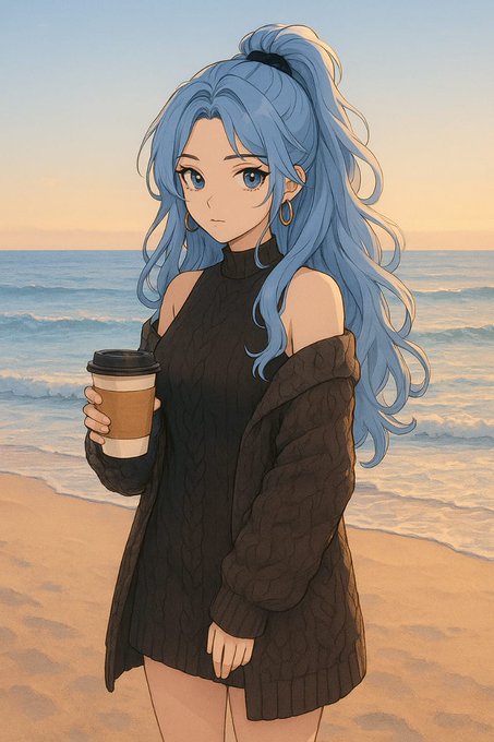 The image features an anime character, a woman with blue hair wearing a black sweater, standing on a beach holding a coffee cup. The background of the image shows the ocean at sunset, adding a serene atmosphere to the scene. The post about the network mentions that most people notice a network only after growth becomes visible. This could be related to the anime character's appearance or the content she is sharing with others. It might also suggest that the woman in the image has an interesting story behind her blue hair, which can draw attention and spark curiosity among viewers.