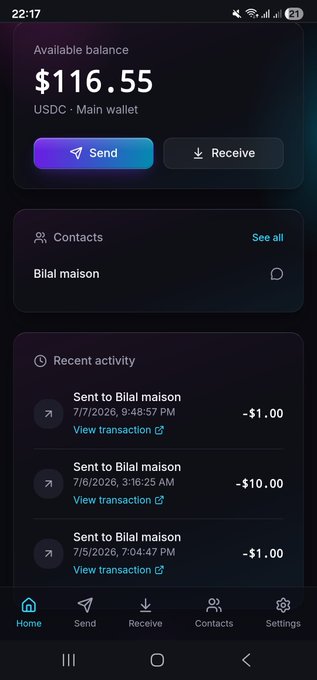 A mobile wallet app screen showing an available balance of $116.55 USDC, with recent activity of sent payments to 'Bilal maison' totaling -$12.00.