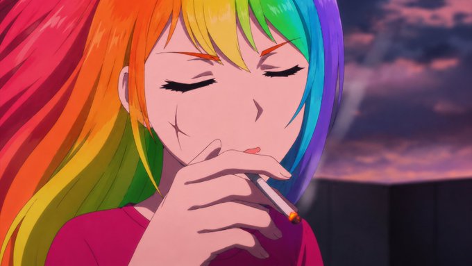 An anime-style illustration shows a young woman with vibrant rainbow-colored hair, eyes closed, smoking a cigarette against a dusky purple sky background.