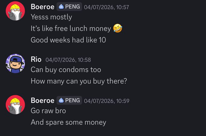 A Discord chat screenshot with users 'Boeroe' and 'Rio' joking about 'PENG' coin being like free lunch money and spending it on condoms.
