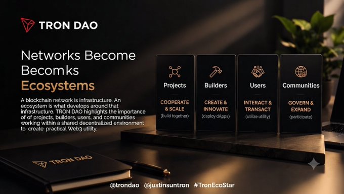 TRON DAO infographic titled 'Networks Become Ecosystems' showing four pillars of a blockchain ecosystem: Projects (Cooperate & Scale), Builders (Create & Innovate), Users (Interact & Transact), and Communities (Govern & Expand), tagged @trondao @justinsuntron #TronEcoStar.