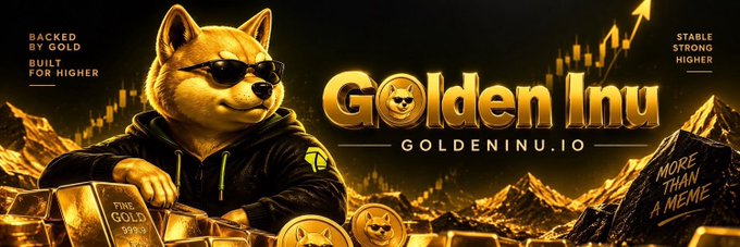 The image promotes "Golden Inu" (GOLDENINU.IO) with a gold-toned Shiba Inu mascot wearing sunglasses and a hoodie, surrounded by gold bars and coins against a backdrop of mountain peaks and an upward-trending chart, with text reading "BACKED BY GOLD BUILT FOR HIGHER," "STABLE STRONG HIGHER," and "MORE THAN A MEME." The accompanying post emphasizes $GI (Golden Inu) bringing its recognizable Inu narrative to the Robinhood Chain, positioning it as more than just a meme coin with a premium, gold-backed identity aimed at establishing stability and upward momentum in an expanding ecosystem.