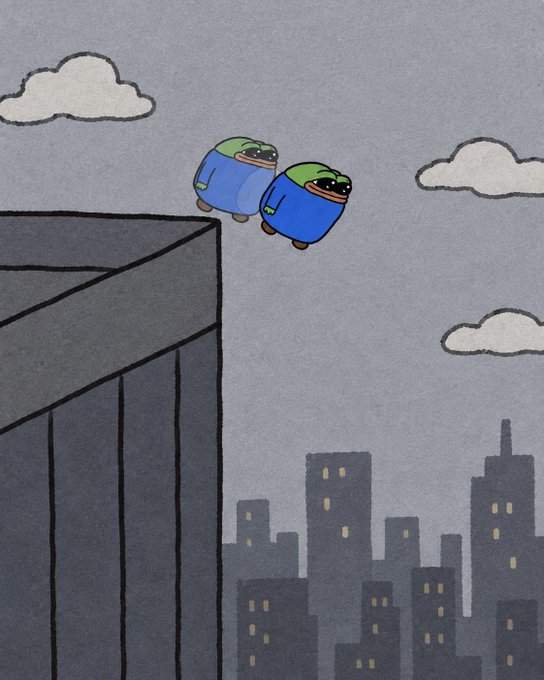 Two small cartoon characters in blue outfits stand on the edge of a tall gray building, looking down at a city skyline with clouds in the sky.