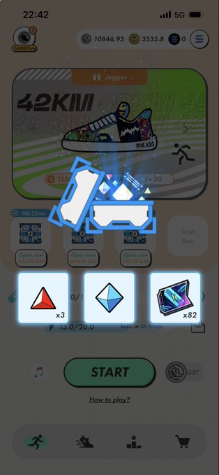 A move-to-earn app interface showing a jogger shoe at 42KM with reward icons for red gems, blue gems, and mystery boxes above a "START" button.