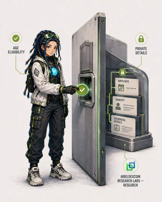 An anime-style character with blue braids interacts with a futuristic verification terminal, with labels indicating 'AGE ELIGIBILITY,' 'PRIVATE DETAILS,' and '@BELDEXCOIN RESEARCH LABS – RESEARCH.'
