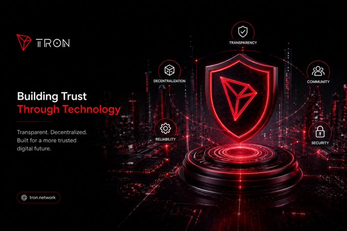 A promotional graphic for TRON cryptocurrency featuring the text 'Building Trust Through Technology - Transparent. Decentralized. Built for a more trusted digital future.' with icons representing Transparency, Decentralization, Community, Reliability, and Security around a glowing red TRON shield logo.