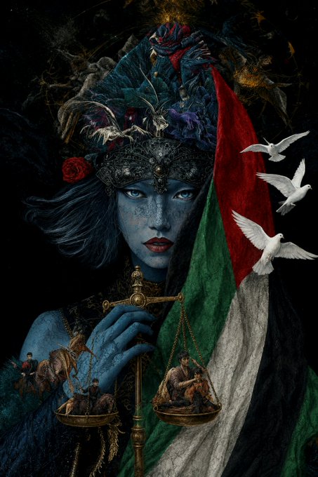 A surreal digital illustration of a blue-skinned figure with an ornate headdress holding scales of justice, with a Palestinian flag draped behind and white doves flying nearby.
