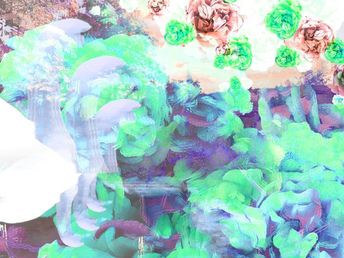 A digital artwork of a fantasy landscape with green foliage, purple trees, white mushrooms, and rose-like flowers under a bright sky.