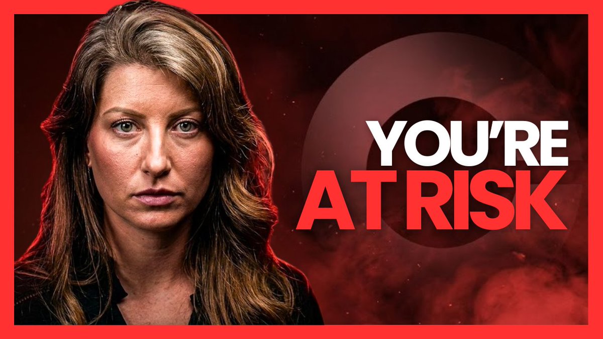 A serious-looking woman appears against a dark red background with the bold warning text "YOU'RE AT RISK" displayed prominently beside her. The dramatic imagery and alarmist messaging visually reinforce the post's claim that crypto holders face hidden dangers on platforms like Coinbase, where users are misled into thinking their assets are protected.