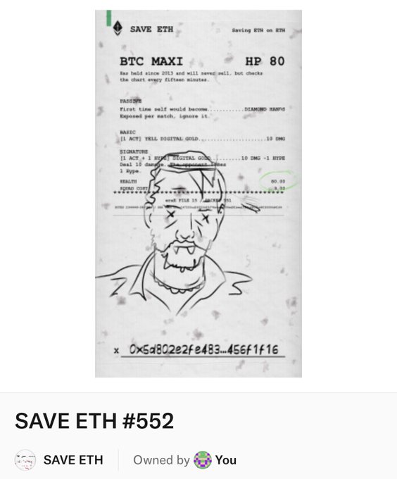 An NFT titled 'SAVE ETH #552' depicting a Pokemon-style card of a 'BTC MAXI' character with HP 80 and abilities related to YELL DIGITAL GOLD and HYPE.