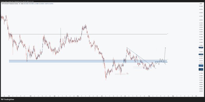 A TradingView chart of $FARTCOIN on the 4-hour timeframe shows the price trading near a key support zone (highlighted in blue) with a noted "Resistance" level at the top, matching the trader's setup of watching for a support flip before a potential long swing toward the range highs, as indicated by the drawn arrow.