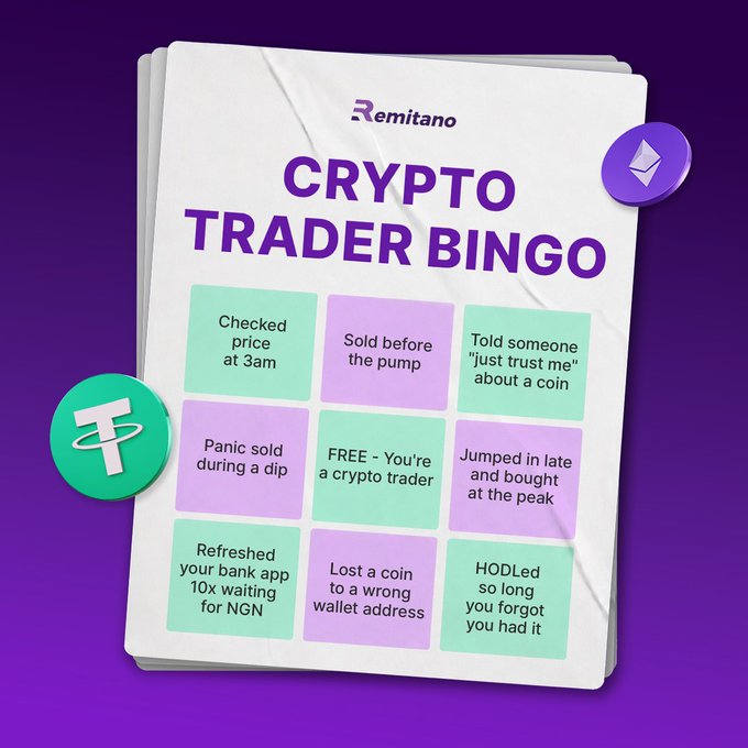 A 'Crypto Trader Bingo' card from Remitano features squares with jokes like 'Checked price at 3am,' 'Panic sold during a dip,' and 'FREE - You're a crypto trader,' decorated with Tether and Ethereum logos.