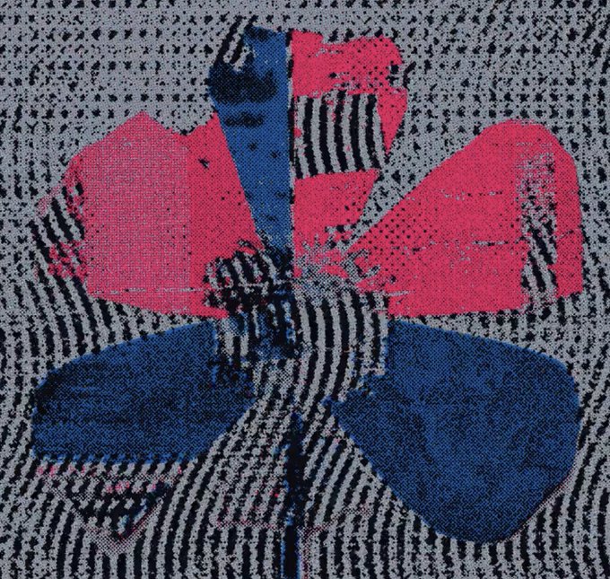 An abstract textured artwork depicting a stylized pink and blue flower-like form overlaid on a patterned black-and-white striped and dotted background.