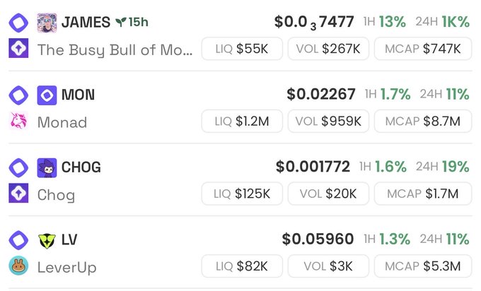 The image displays a crypto tracker showing multiple tokens (JAMES, MON, CHOG, and LV/LeverUp) with their prices, 1-hour and 24-hour percentage gains in green, and liquidity, volume, and market cap metrics. It aligns with the post's bullish message, visually reinforcing the "massive upside" narrative by highlighting tokens with notable 24-hour gains ranging from 11% to 19%.