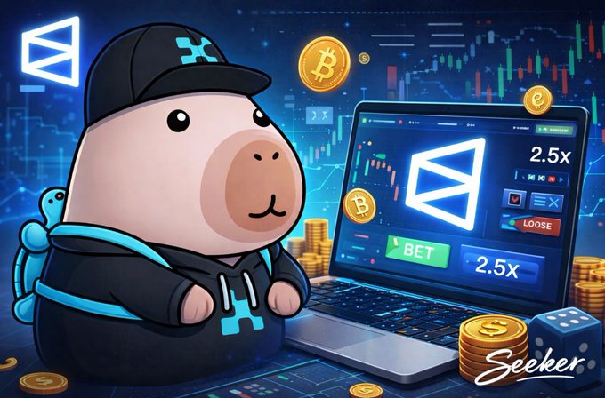 The image features a cartoon pig wearing a black hat, sitting at a laptop with a screen displaying a cryptocurrency trading interface. The pig appears to be playing a game or making decisions related to cryptocurrency trading. The background of the image shows various coins floating in the air and scattered around the scene. The post about Polymarket Airdrop seems to be discussing the factors that could influence the allocation of cryptocurrency tokens, such as volume trading and user participation.