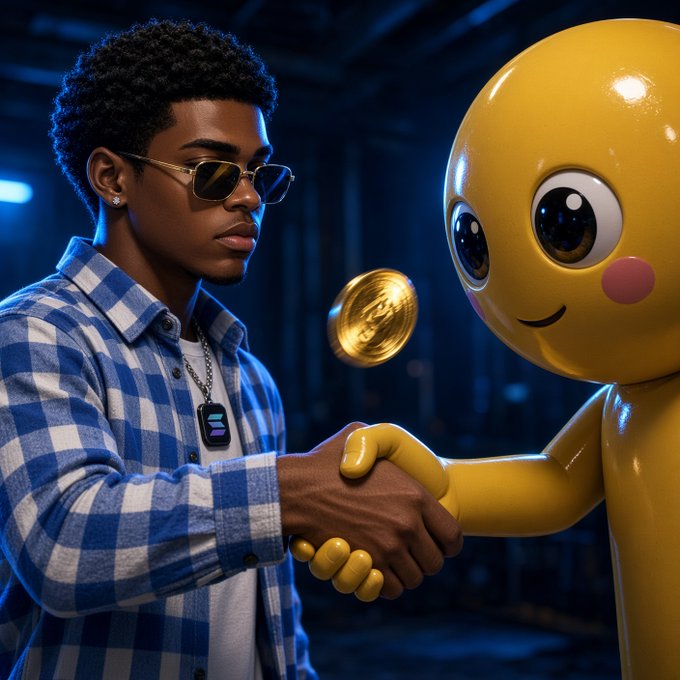 A young man in sunglasses and a blue plaid shirt shakes hands with a glossy yellow cartoon figure in a deal-style scene.