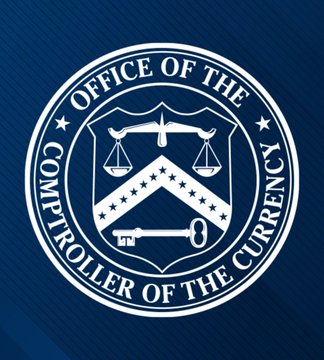 The image displays the official seal of the Office of the Comptroller of the Currency (OCC), featuring scales of justice, a key, and stars within a shield design encircled by the agency's name. The accompanying post highlights the OCC's recent statement opening a regulatory pathway for Bitcoin and crypto firms to become national banks, signaling a more welcoming stance toward the digital asset industry in America.