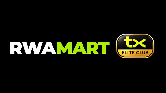 A black promotional banner featuring 'RWAMART' text in white and green alongside a gold 'tx ELITE CLUB' badge logo.